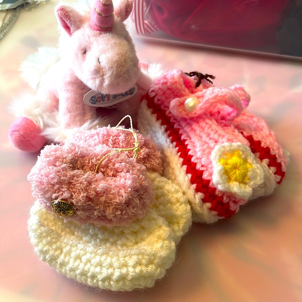 NWT Baby Unicorn Rattle, Crocheted Mary Jane and Baby Booties